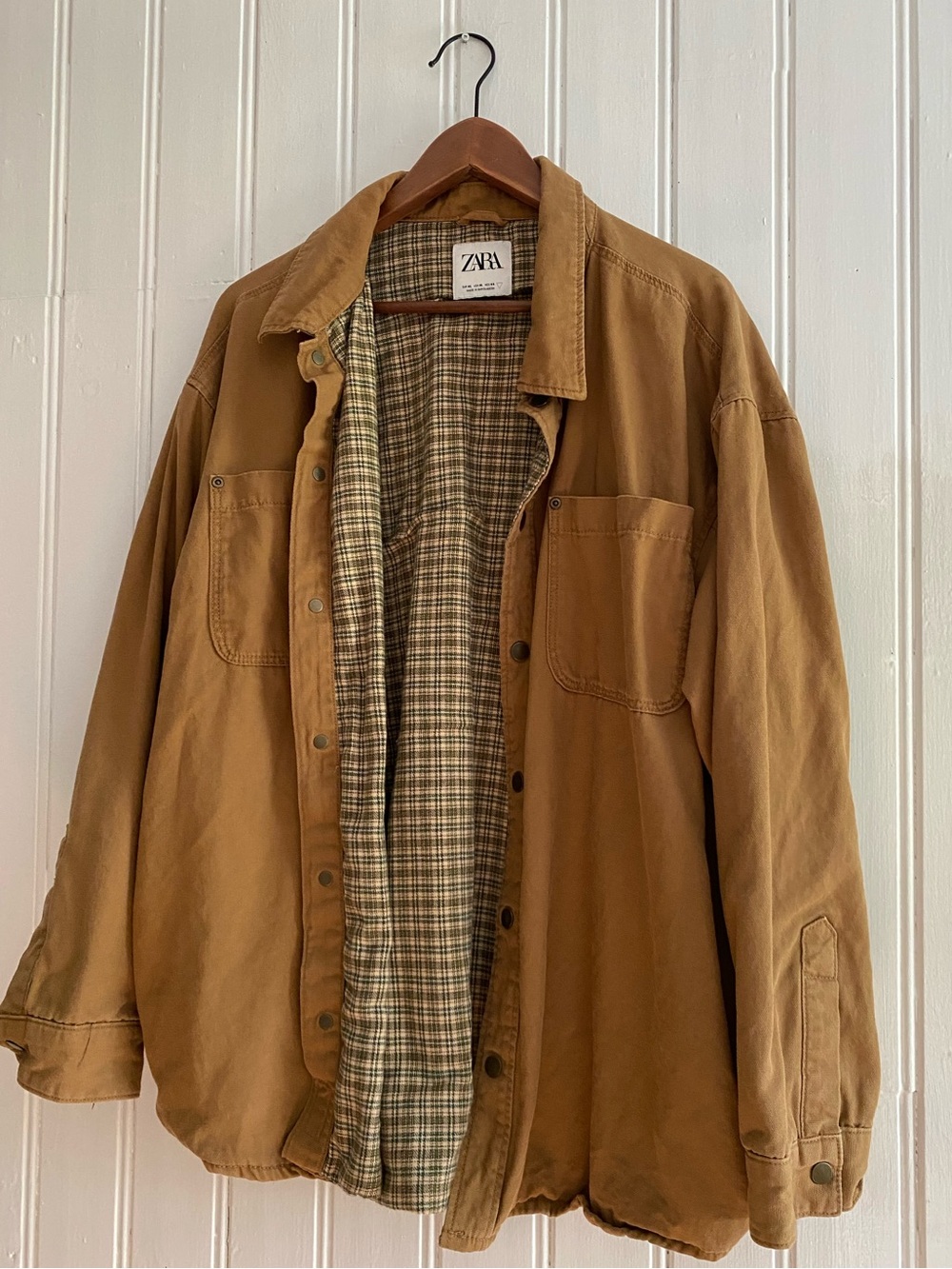 ZARA canvas tan button front blanket lined plaid jacket size XL